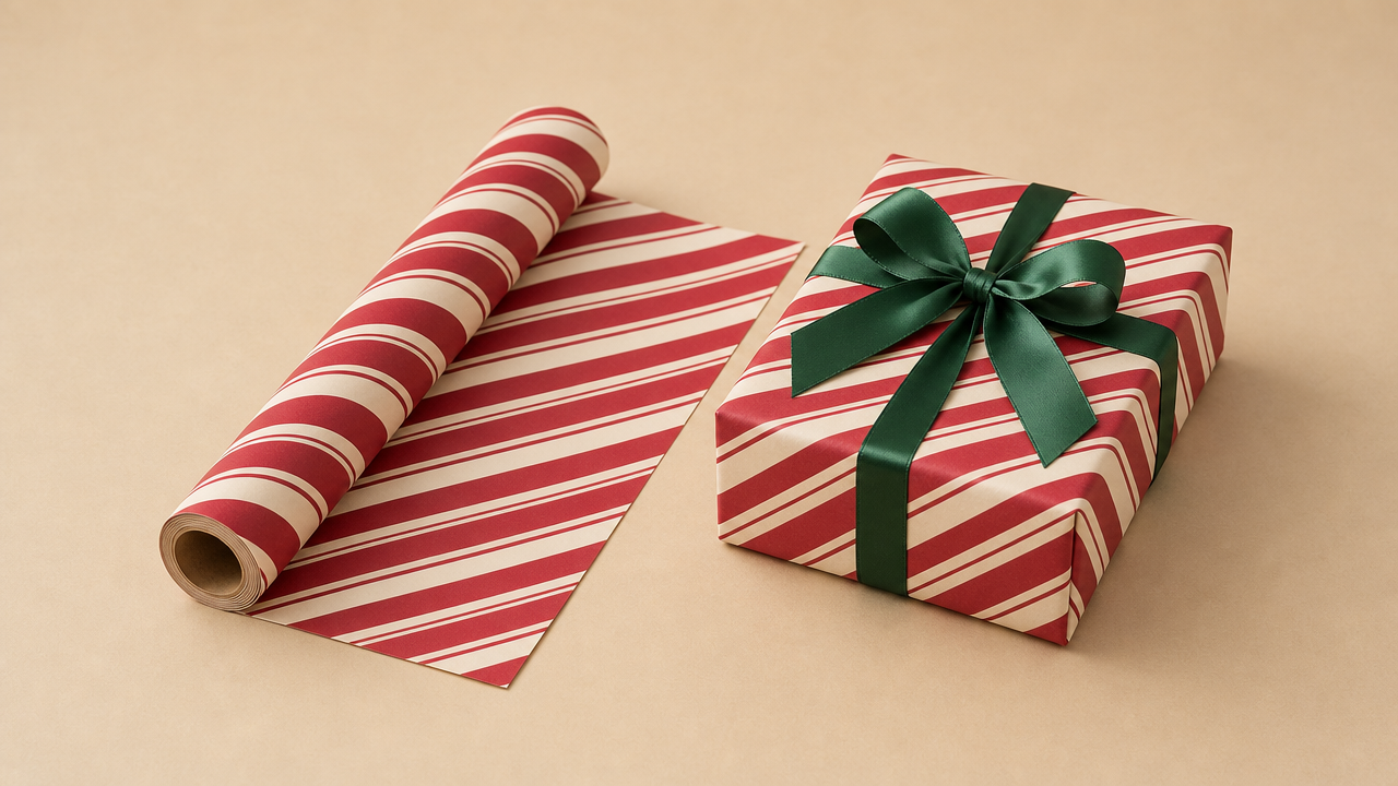 Red and ivory striped wrapping paper with a matching gift and green ribbon