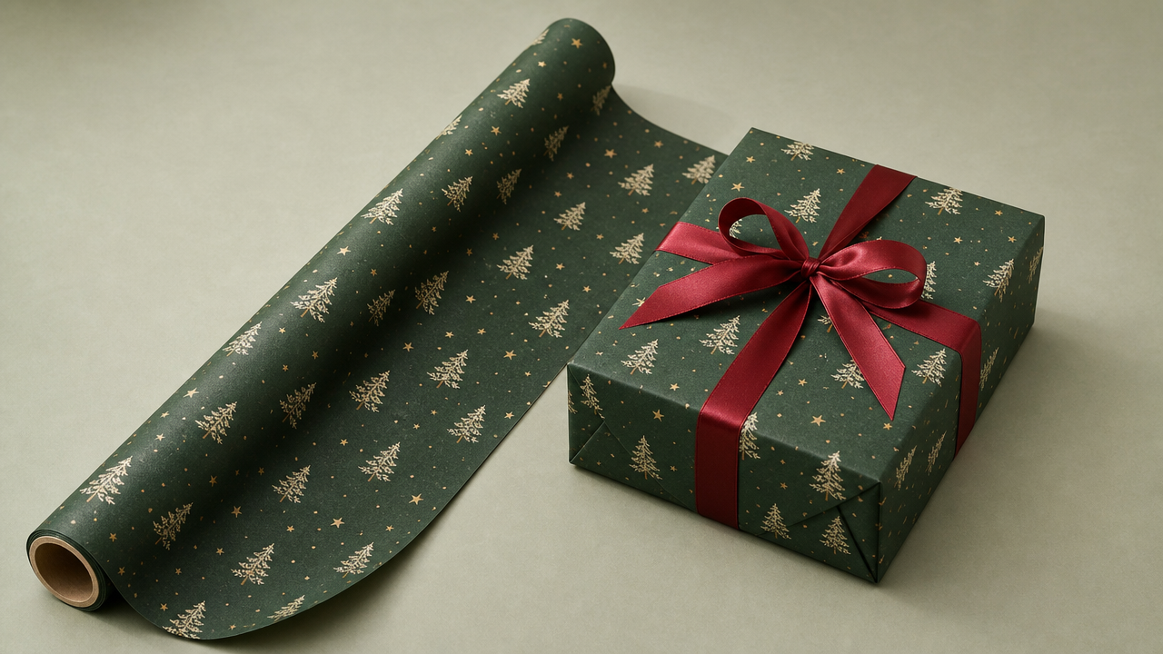 Evergreen woodland wrapping paper with a matching gift and cranberry ribbon