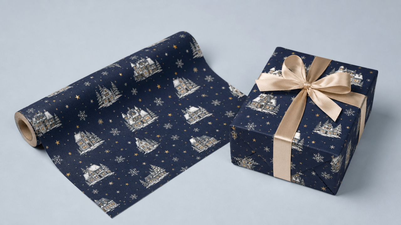 Navy Christmas village wrapping paper with a matching gift and champagne ribbon